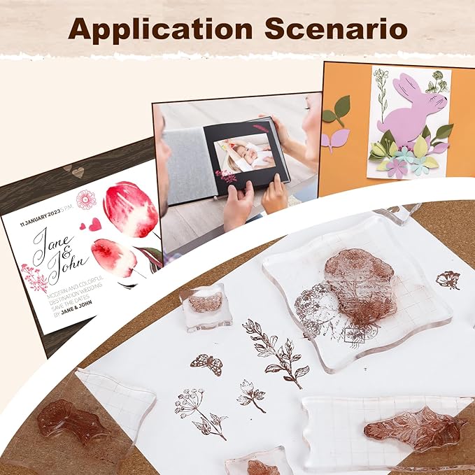 UCEC 8 Sheets Clear Stamps Set, 2 PCS Acrylic Stamp Block (15*5cm & 7.5*7.5cm), Vintage Plants Flower Rubber Silicone Stamps, Scrapbook Clear Stamp for Card Making & DIY Christmas Crafts Decoration