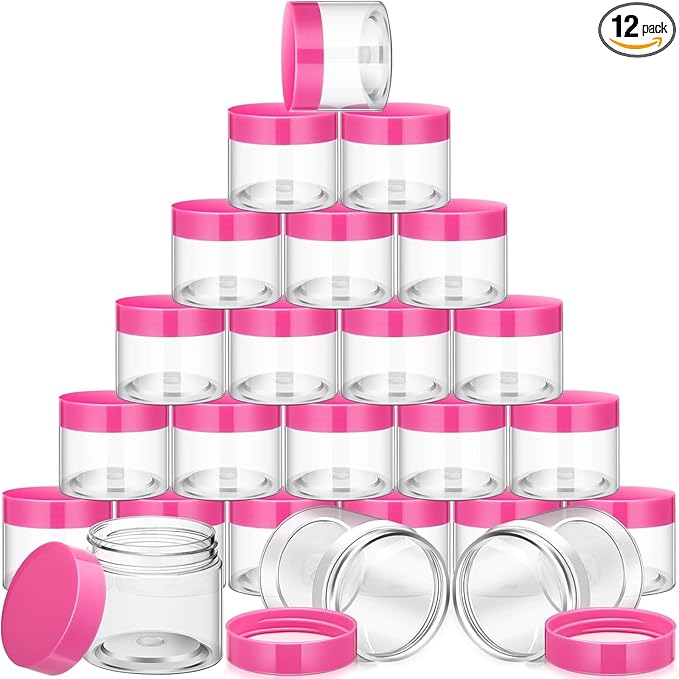 SATINIOR 12 Pack 1 oz Plastic Container Jars with Lids Round Clear Travel Cosmetic Container Slime Jars for Toiletries, Lotion, Cream, Ointments, Makeup, Rhinestone, Samples, Kitchen Storage(Pink)