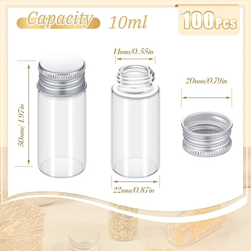100 Pcs Small Clear Vials Spice Mini Jars with Lids Mini Glass Bottles with Screw Aluminum Metal Caps Tiny Jars Sample Containers for Powder Cream Cosmetic Jewelry Wedding (10 ml,Silver Caps)
