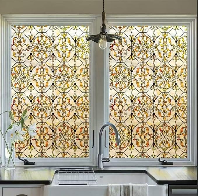 3D Stained Glass Window Privacy Film, Heat Control UV Blocking Static Cling Decorative Window Film for Bathroom,Front Door,Home Non Adhesive,GiltGaze 16.9 x 78.7 inches