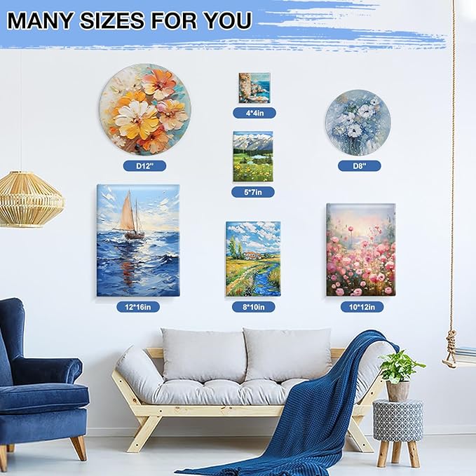 ESRICH 12 Pack Stretched Canvas for Painting, 4x4, 5x7, 8x10, 10x12, 12x16(2 of Each), Round Canvas with 8x8, 12x12(1 of Each), Blank Canvases Primed Paint Canvas for Beginners, Artists