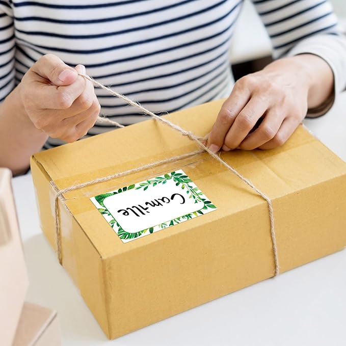 240 Pcs Greenery Name Tags Stickers Summer Green Leaves Border Tag Labels Party Name Tag Personalized Tags for Themed Party Office Home, 3.5 x 2.4, 6 Styles