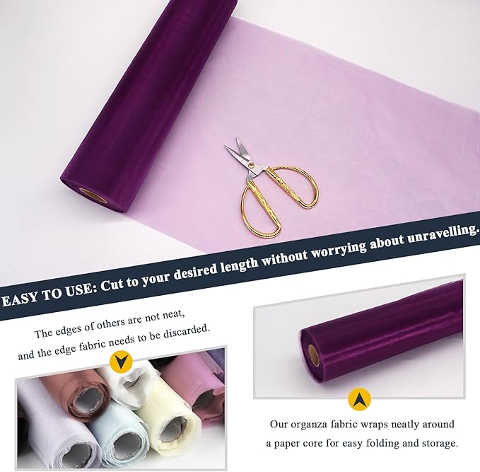 Purple Organza Tulle Fabric Rolls, Crystal Organza 12" by 50 Yards (150 ft) Sheer Nylon Silky Shiny Netting Spool Bolt for DIY Craft Table Runner Wedding Baby Shower Party Decor (Purple)