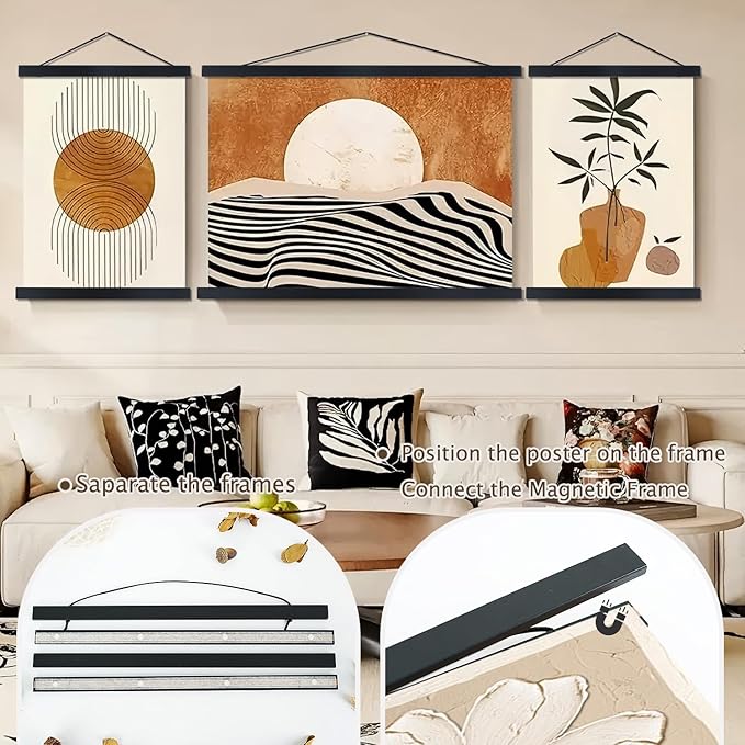 Artmag Magnetic Poster Hanger Frame, 40x27 40x30 40x60 Light Wood Wooden Magnet Canvas Artwork Print Poster Hangers Frames Hanging Kit (Black, 40")