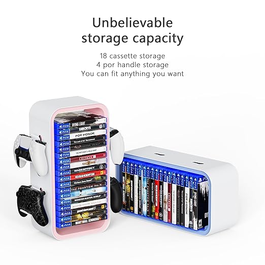 wigmoa OYO-1【15.8INCH】 game Storage Tower Compatible with PS5/ Xbox Series S & X/Switch, Universal Video Games Discs Organizers 18 PCS with 4 Controllers Holder, Game Disk Box Stand.(White/Blue)