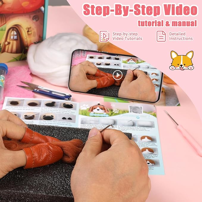 Needle Felting Kit, 61 Pcs Felt Dog Dolls Needle Felting Set with Felting Needles, Wool Roving, Felting Pad, Instruction Manual, Felting Beginner Tools for Felted Animal Needle Felting Supplies