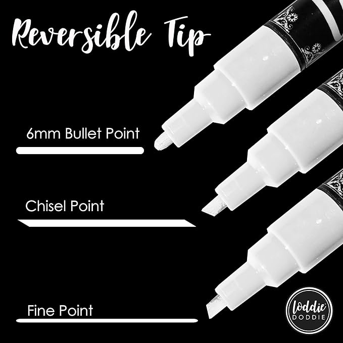 Loddie Doddie Liquid Chalk Marker Set - Pack of 4, Basic Colors, 6mm Tip - Fine-Tip Chalkboard Markers for Blackboard - Washable Window Pens for Glass - Dual Ends for Chalkboard Calendar