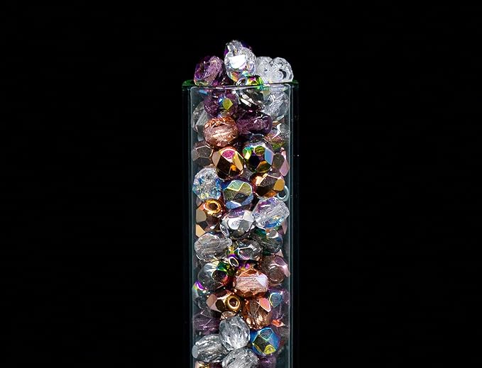 1.8 oz (50 g, cca 600pcs) Mix of Faceted Fire Polished Pressed Czech Glass Beads, Sparkling Shiny Mix
