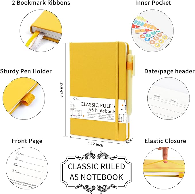 feela 5 Pack Journal Notebook Bulk for School, Hardcover Business Notebooks Classic Ruled Lined Journals with Pen Holder for Work Note Taking, with 5 Black Pens, 120 GSM, 5.1”x8.3”, A5, Yellow