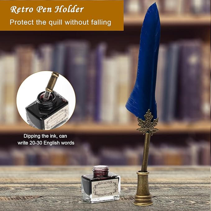 AHIER Quill Pen and Ink Set, Feather Pen Quill Pen Set Includes 5 Steel Replacement Nibs,Pen Nib Base and Dip Ink Bottle for Antique Calligraphy (Blue)
