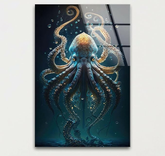 My Photostation.com Round 24'' Underwater Blue Octopus Glass Wall Art Tempered Glass Printing Wall Decor Large Wall Art Wall Hangings