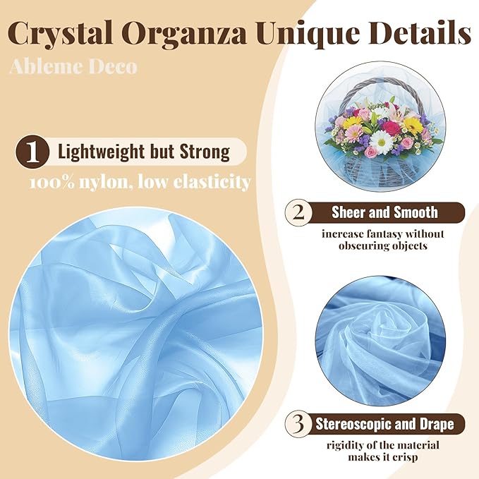 Organza Fabric by The Yard, 60 Inch Wide 3 Yards (9 ft) Long Sheer Fabric for DIY Sewing Projects Wedding Decorations Party Backdrops Curtains (Baby Blue)