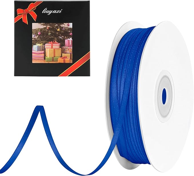 LIUYAXI Blue Double Faced Satin Ribbon, 1/8" X Continuous 100 Yards, Thin Ribbons Perfect for Gift Wrapping Wedding Invitation Card Hair Bows Tag Floral Arrangement DIY Craft