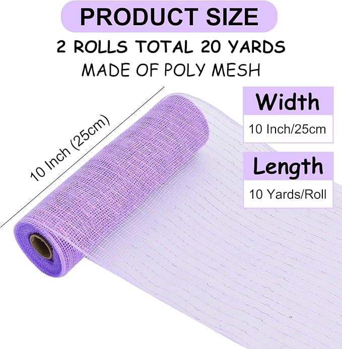 TONIFUL 2 Rolls 10 Inch Lavender Purple Decorative Mesh Ribbbon Rolls, Fabric Mesh with Foil for Wreath Supplies, Front Door Wreath Tree Decor Christmas NewYears Halloween Decoration (10 yds/roll)