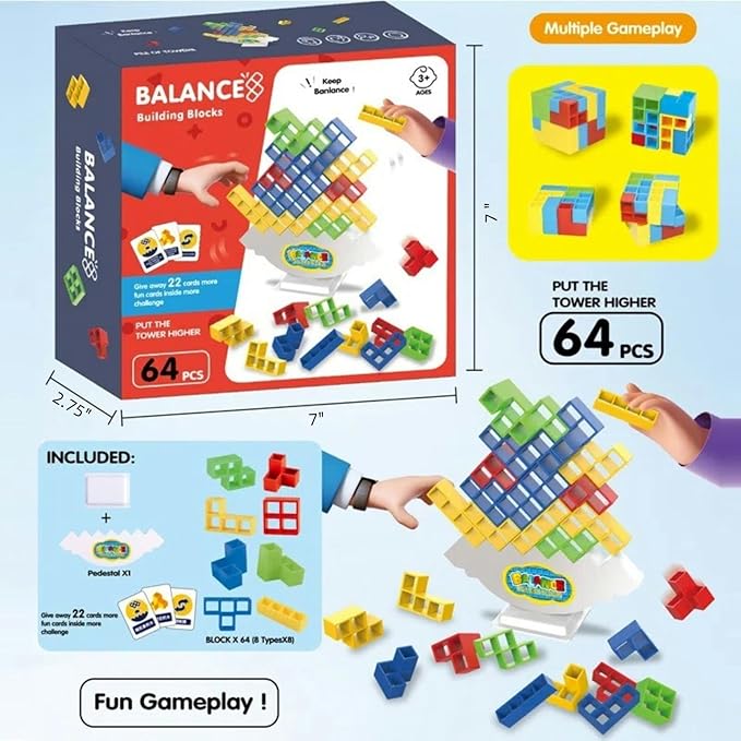 64 Pcs Tetra Tower Stack Game, Team Tower Tumble Giant Stacking Game, Balance Stacking Blocks Game for Kids Ages 6-12 & Adults, Family Party Board Games, Educational STEM Toys (2-4 Players)
