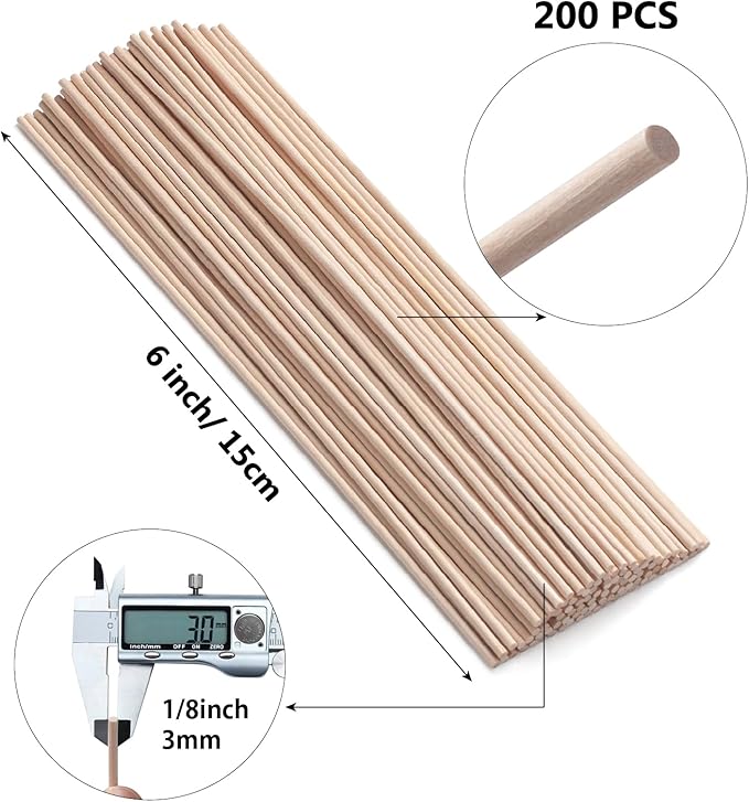 1/8 x 6 Wooden Dowels Wooden Sticks for Crafts, 200 PCS Round Wood Dowel Rods for Lollipops, Tiered Cake Dowels, Small Unfinished Hardwood Sticks for Crafting Arts and Crafts, Photo Props