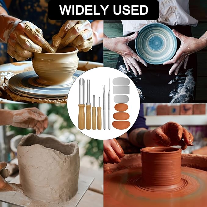 3 Sizes Rubber Pottery Clay Ribs + 3 Pcs Sculpture Pottery Molding Scraper Cutter + 4 Pcs Stainless Steel Circular Clay Hole Cutters + 1 Clay Ceramic Needle + 1 Feather Wire Texture Detail Tools