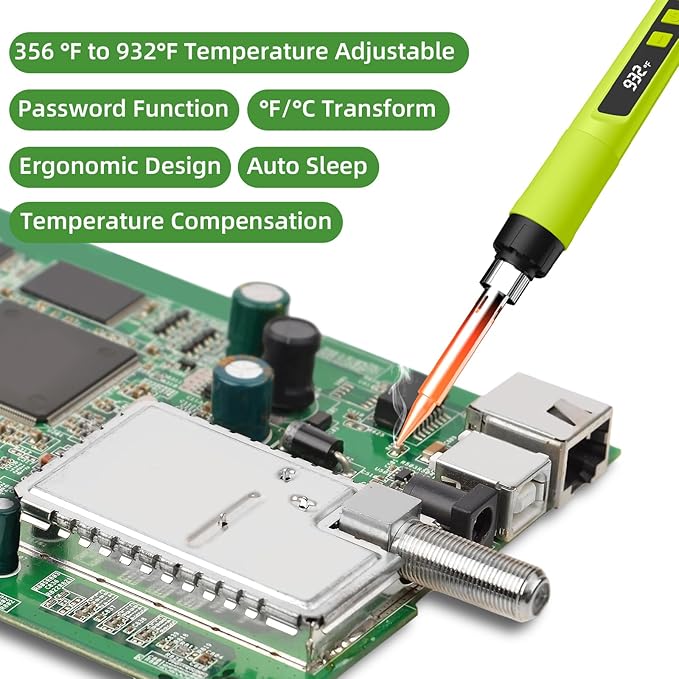 Soldering Iron Kit, 190W Soldering Gun, 110V LED Solder Kit for Electronics, Adjustable Temperature 356-932℉, Includes Solder Wire, Sucker, Tips, Stand, Tweezers, Paste and Solid Wood Box, Green