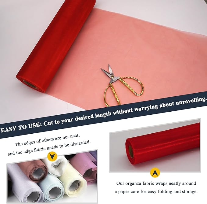Red Organza Tulle Fabric Rolls, Crystal Organza 12" by 50 Yards (150 ft) Sheer Nylon Silky Shiny Netting Spool Bolt for DIY Craft Table Runner Wedding Baby Shower Party Decor (Red)
