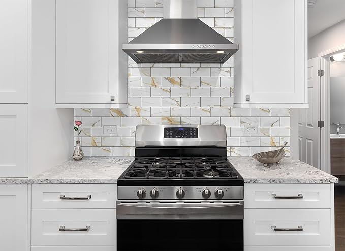 4 Pieces Peel and Stick Backsplash for Kitchen, 3" x 6" PVC Subway Tile Upgraded Calacatta Gold with Dark Gray Grout Backsplash Stick on Tile Elevate Kitchen, Bathroom, Fireplace,RV