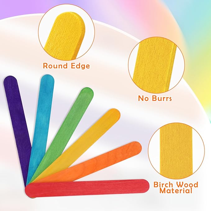 WISYOK 1500 Pcs 6 Inch Colored Jumbo Craft Stick, Wooden Rainbow Popsicle Sticks, Wide Lollipop Sticks, Ice Pop Sticks, Great for DIY Craft Creative Designs and Kids Education, Home Art Projects
