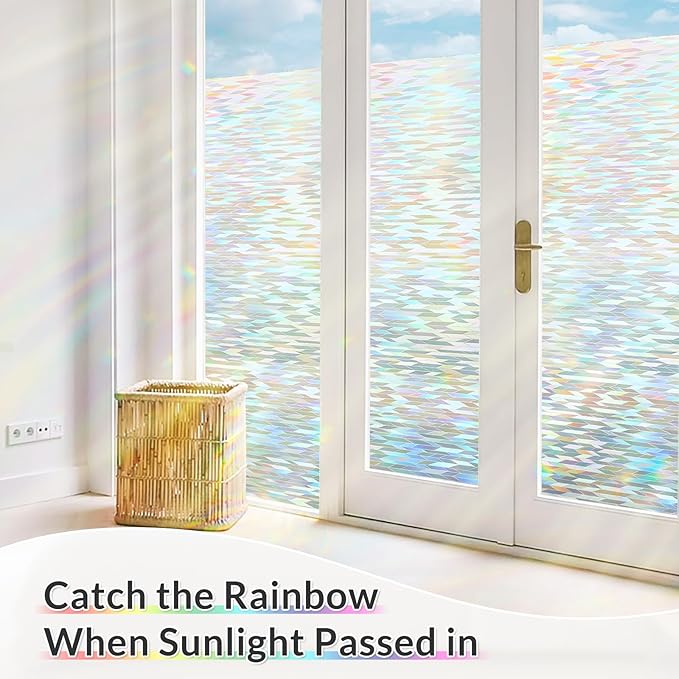 rabbitgoo Window Privacy Film with Installation Tools, Stained Glass Window Film Rainbow Prism Decorative Glass Clings for Home Decor, Static Cling Covering Sun Blocking, 17.5" x 78.7"