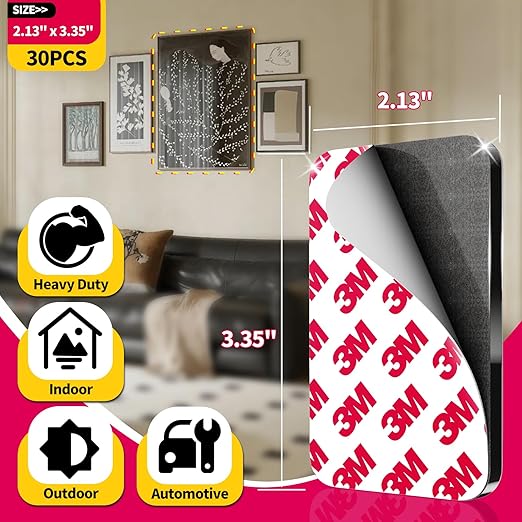 30 Pcs Large Strong Double Sided Adhesive Pads, Made of 3M, Heavy Duty Square Sticky Mounting Foam Tape for Car Décor Wall, 0.12" Thick Black Sticky Pads 2.13" x 3.35"