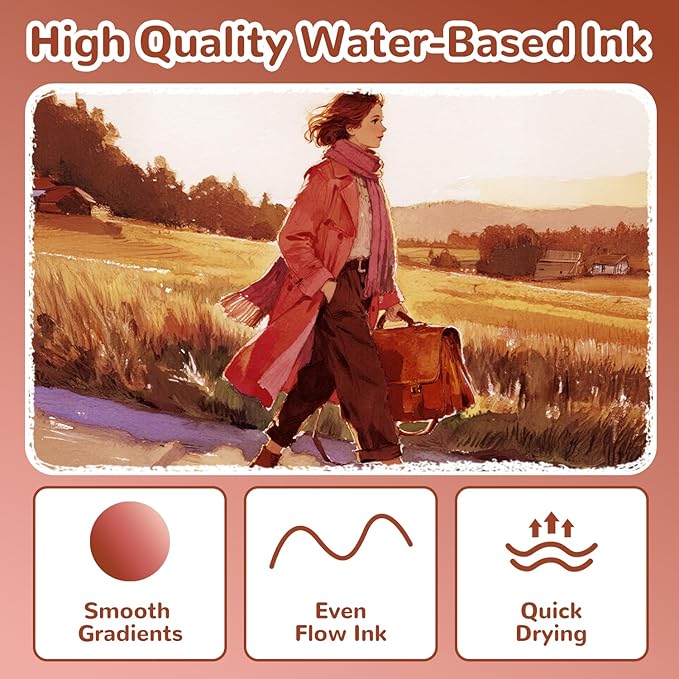 Guangna 12 Red Brown Series Acrylic Paint Markers Set, Brush Tip Acrylic Paint Pens for Rock Painting, Wood, Glass, Paper, Coloring Book, Ceramic, Canvas, DIY Crafts, Water-Based Ink