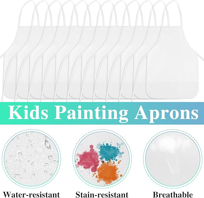 24 Pieces White Kids Painting Aprons Kids Art Aprons with 2 Roomy Pockets Kids Aprons for Art Painting Activity Kitchen Crafts