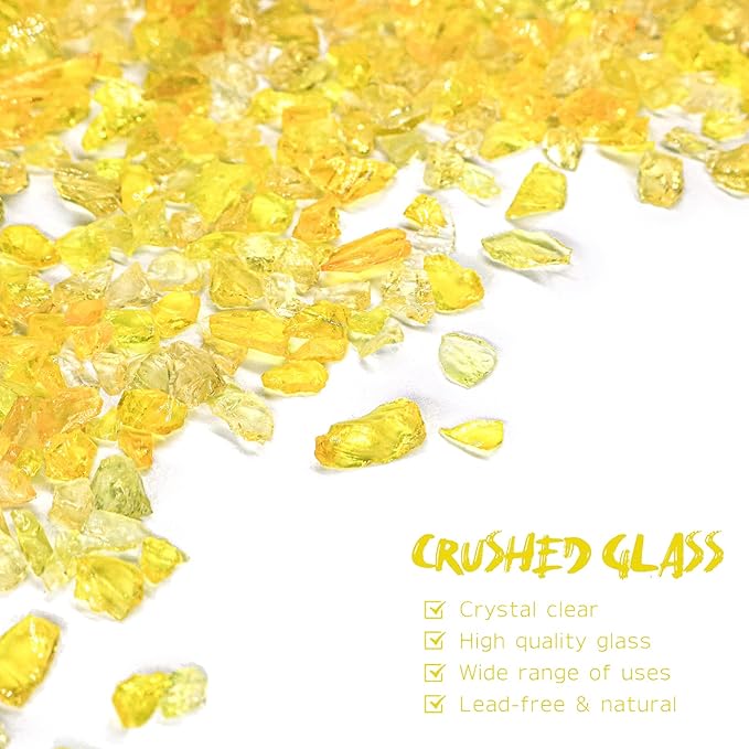 Crushed Glass for Resin Art - 3-6mm Yellow, 1.5lb | Broken Glass Pieces for Crafts, Vase Filler & Fire Pit Media | Decorative Stones