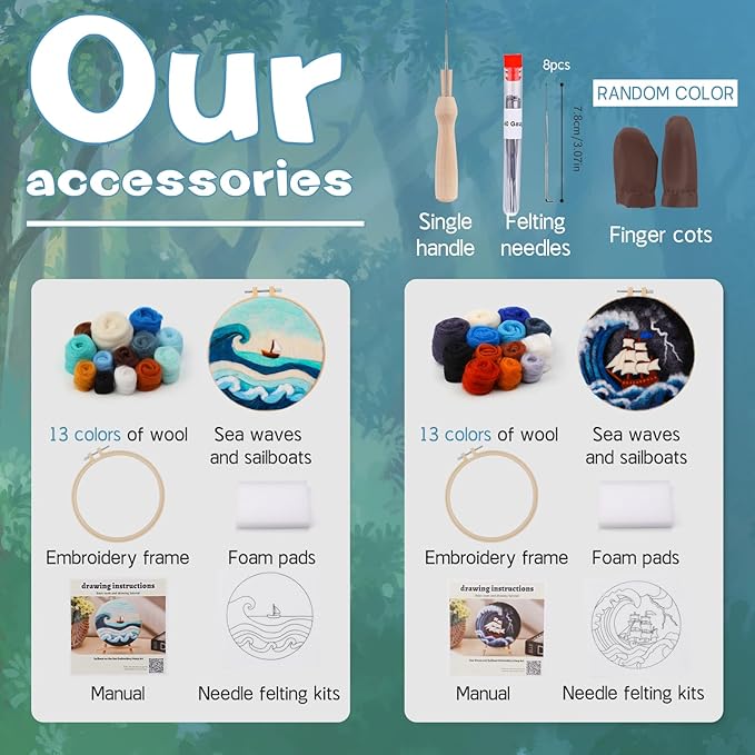 QMNNMA Needle Felting Kits, Wool Felting Kit with Picture Frame, Foam Pad, Felt Cloth, and Instructions, Needle Felt Painting Kit for Home Decoration (Sea Waves and Sailboats)