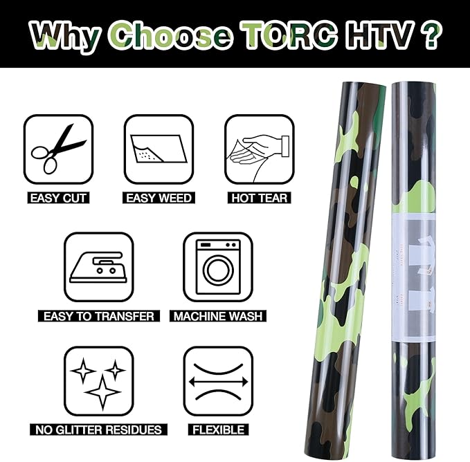 TORC Army Green Camouflage Heat Transfer Vinyl 12 inch x 5 ft, Camo HTV Vinyl Iron on Transfer for T-Shirts
