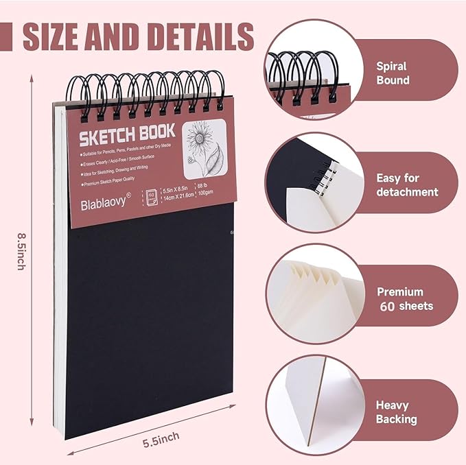 Sketch Book, 5.5" x 8.5" Sketchbook with 60 Sheets (68lb/100gsm), 1 Pack Drawing Pad Acid Free Drawing Book Sketch Pad for Kids Adults Beginners Artists (1 pcs Black)