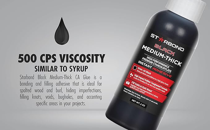STARBOND Black Medium-Thick CA Glue, Premium Cyanoacrylate Super Glue, Knot Filler 500 CPS Viscosity, for Woodworking, Woodturning, Carpentry, Guitar, RC, Hobby, 2oz