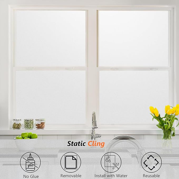 Kromapolis Window Privacy Film Frosted Glass Window Film, Heat Blocking Privacy Film for Glass Windows, Static Cling Non-Adhesive Frosting Window Stickers for Door Home (Frosted, 11.8 x 78.7 inch)
