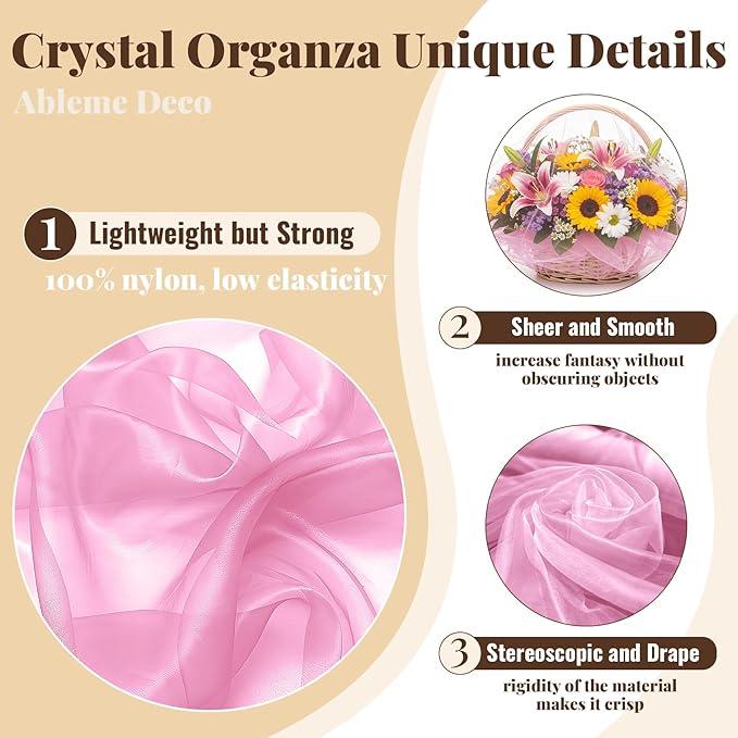 Sheer Fabric 60" x 1 Yards (3 ft) Organza Fabric by The Yard for DIY Wedding Decorations Craft Projects Party Backdrops Bows (Lt Pink)