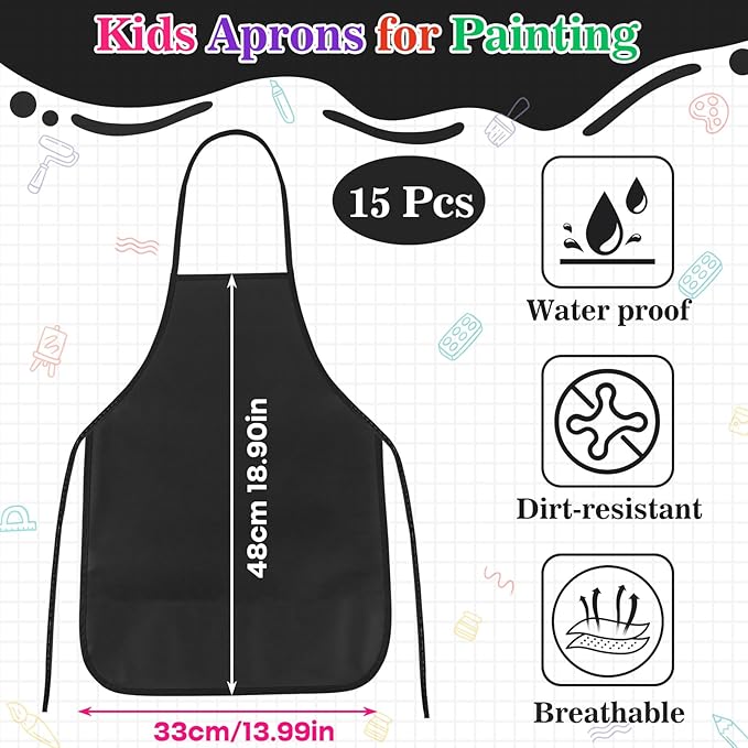 PLULON 15 Pcs Kids Apron Painting Aprons, Kids Aprons for Painting Black Aprons Art Apron Smocks Bulk for Art Activity Craft Home Kitchen Classroom Party Supplies