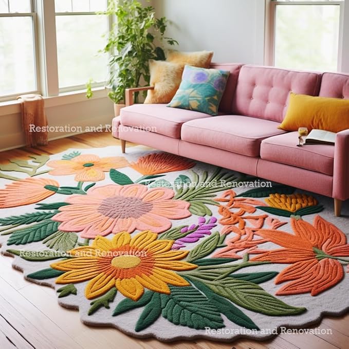 Handmade Wool Floral Area Rug for Living Room | Elegant Flower Garden Design, Soft, Thick and Durable | Bedroom, Dining Room & Home Decor Carpet (8' Round, Floral G)