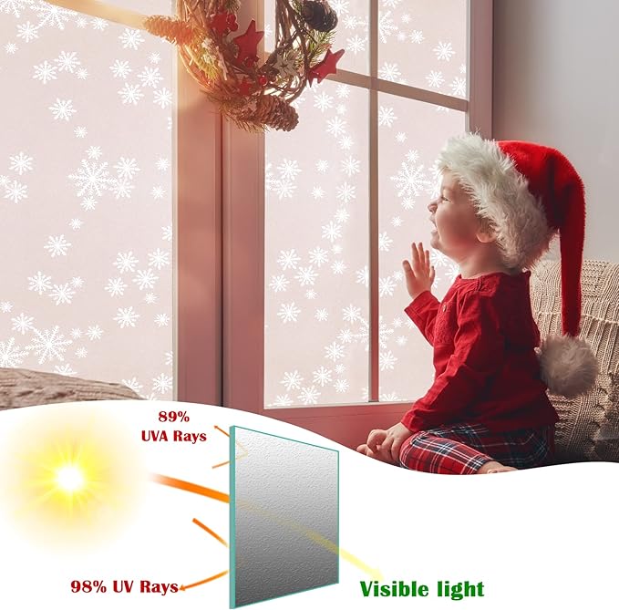 Niviy Privacy Window Film Christmas Decorations Snowflakes Window Clings Decals Stickers Non Adhesive Frosted Glass Film Heat Control 17.7” x 157”