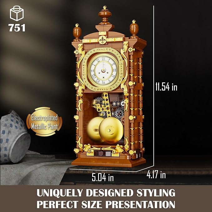 Retro Swing Clock Building Blocks Set, Vintage Pendulum Clock with Functional Clock Mechanism Model Kit, Creative Gift Toys for Adults Teens 14+ (751 Pieces)