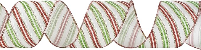 MEEDEE Red and Green Diagonal Striped Ribbon 2.5 Inch White Satin with Lime Green and Red Glitter Wired Ribbon for Christmas Tree, Garlands, Wreaths, Topper Bow (10 Yards)
