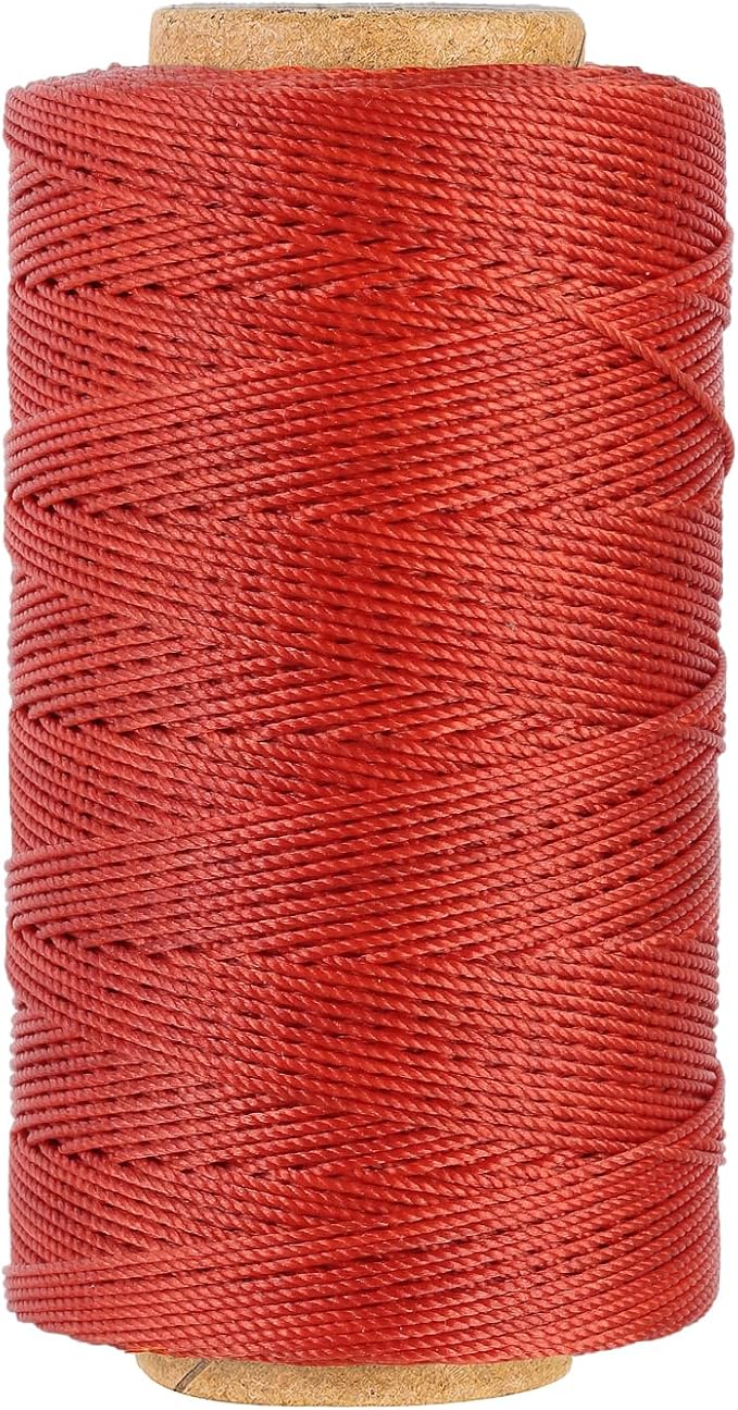 Bonded 0.8mm Round Waxed Polyester Cord, 3-ply Wax Coated Thread, 197 Yards Stiff String for Heavy Duty Fabric, Leather Sewing, Book Binding, Upholstery Repair, and Macrame Jewelry - Rust Red