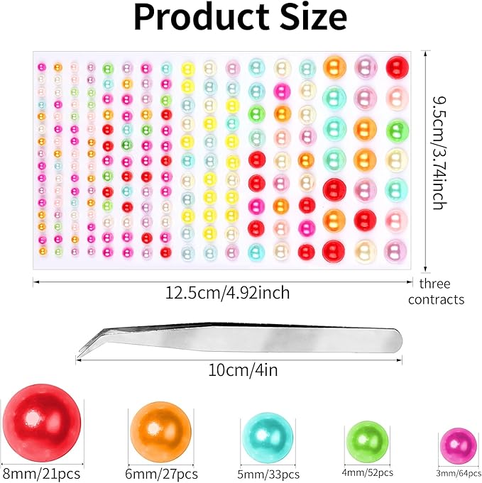 Self Adhesive Face Gems and Pearls for Makeup, Festival Jewels, Hair Gems Pearls, 3/4/5/6/8 mm Round Rhinestone Stickers for Face, Eye, Makeup, Body, Crafts 591Pcs (02_Color Pearl)