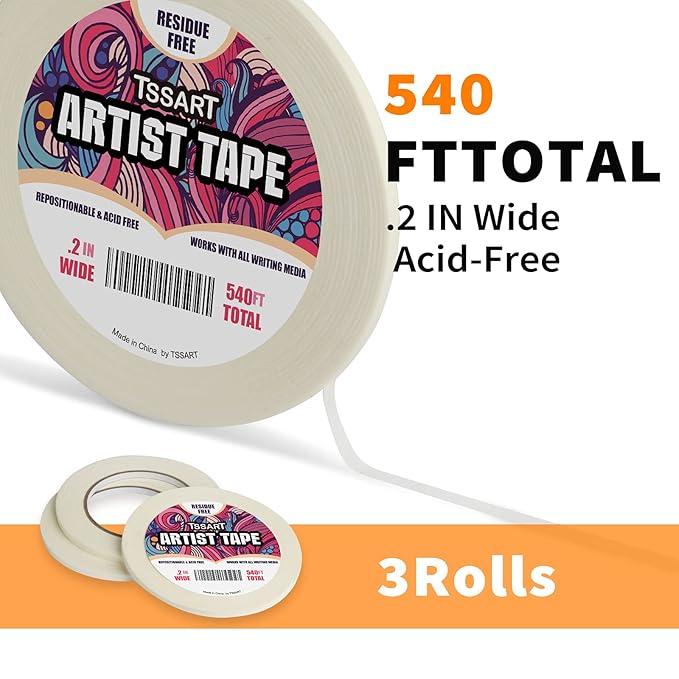 3 Pack White Artist Tape - Masking Artists Tape for Drafting Art Watercolor Painting Canvas Framing - Acid Free 0.2 Inch Wide 180FT Long