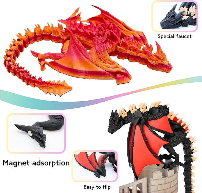 3D Printed Dragon - 12 inch Flying Flexible Dragon with Wings, Home Decor, Birthday Gift, Desk Pet(Red Black-Dragon)