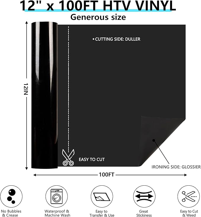 Guangyintong Black HTV Heat Transfer Vinyl Rolls, 12" X 100ft Iron on Vinyl PVC Adhesive for T-Shirt, Easy to Cut & Weed for DIY Design
