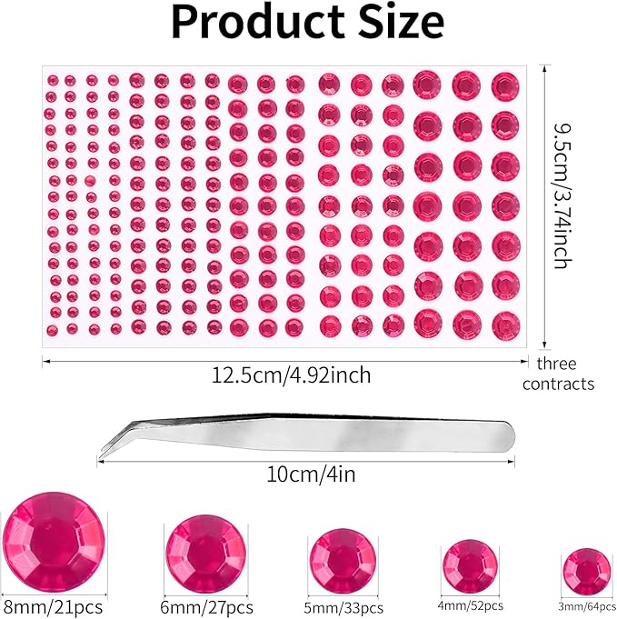 Self Adhesive Face Gems and Pearls for Makeup, Festival Jewels, Hair Gems Pearls, 3/4/5/6/8 mm Round Rhinestone Stickers for Face, Eye, Makeup, Body, Crafts 591Pcs (01_Rose red)