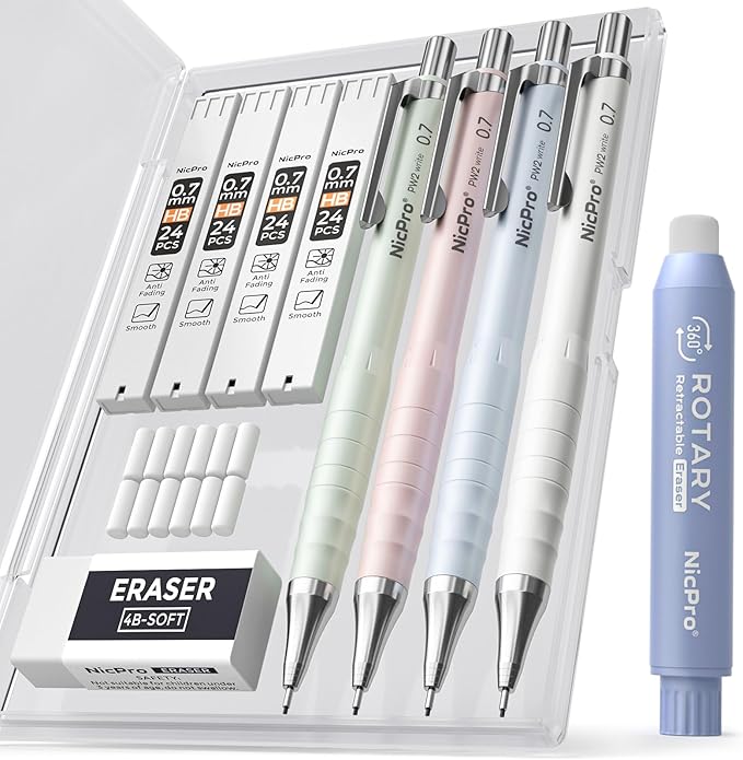 Nicpro Cute Mechanical Pencil Set, 4PCS 0.7mm Pastel Drafting Pencils with 4 Tube HB Lead Refills, 4B Erasers, Rotary Retractable Eraser and Eraser Refill for Writing Sketching Back to School Supplies