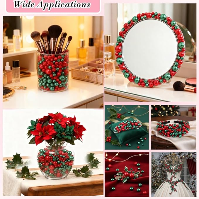 Pearl Beads No Hole Pearls for Crafting 180 Pcs Fake Pearls Faux Pearls for DIY Crafts Jewelry Making Vase Filler Floating Candle Wedding Birthday Party Home Decorations (Red & Green, 8/10/14/20mm)