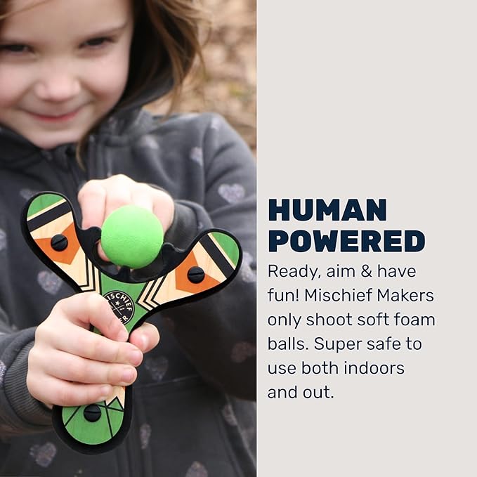 Mighty Fun! - Mischief Maker® Wooden Slingshot - Classic Series - Real Wood Slingshot for Kids, 4 Soft Foam Balls and Storage Bag - Ages 4+ (Green)